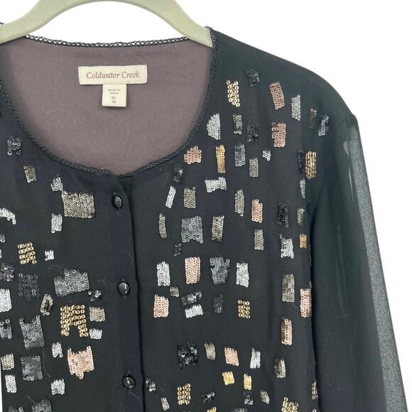 NEW Coldwater Creek Black Baroque Shimmer Blouse Gold Silver Sequin Women's XL - Picture 2 of 6